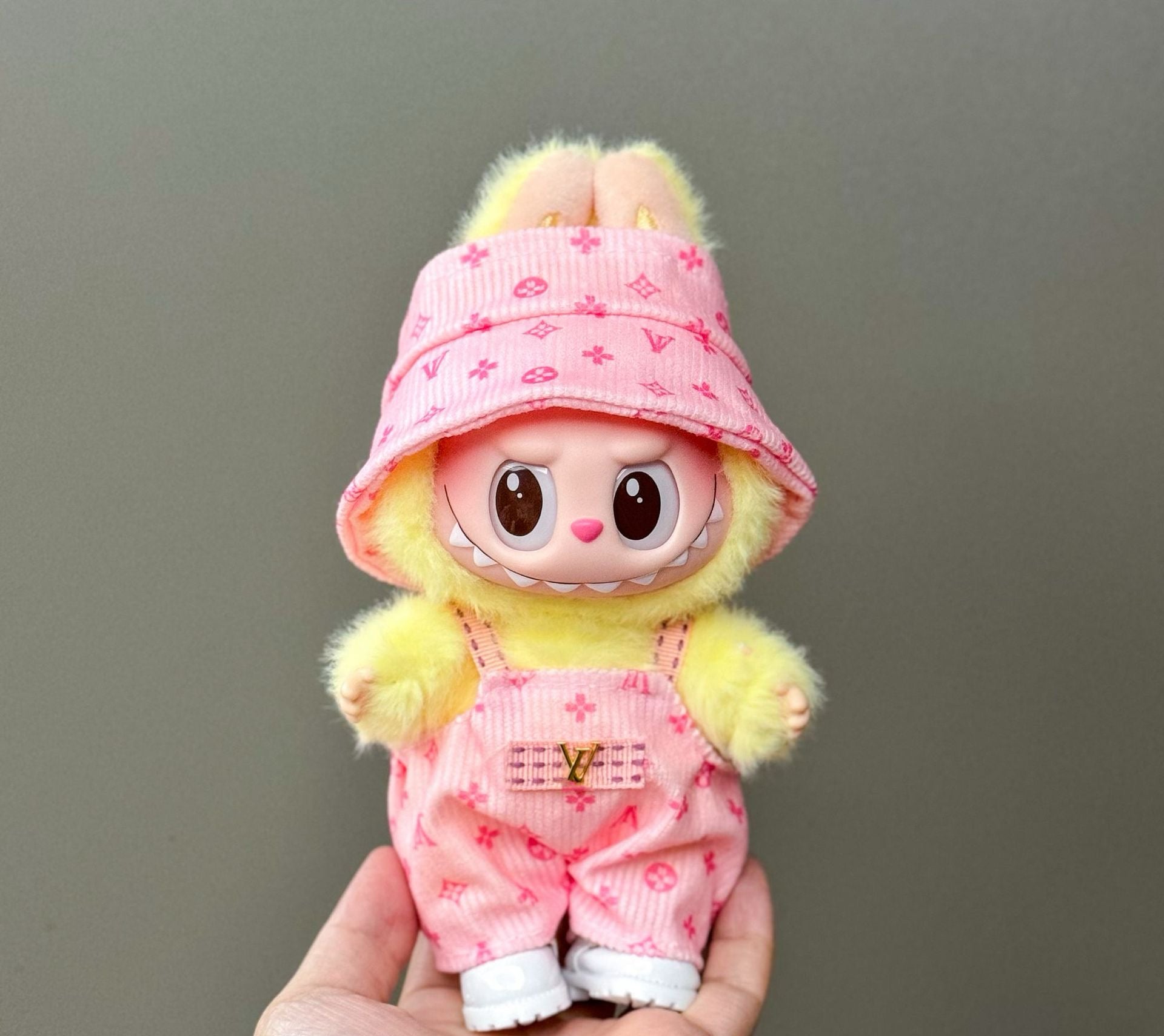 Labubu Clothing – Pink Monogram Overalls & Bunny Bucket Hat